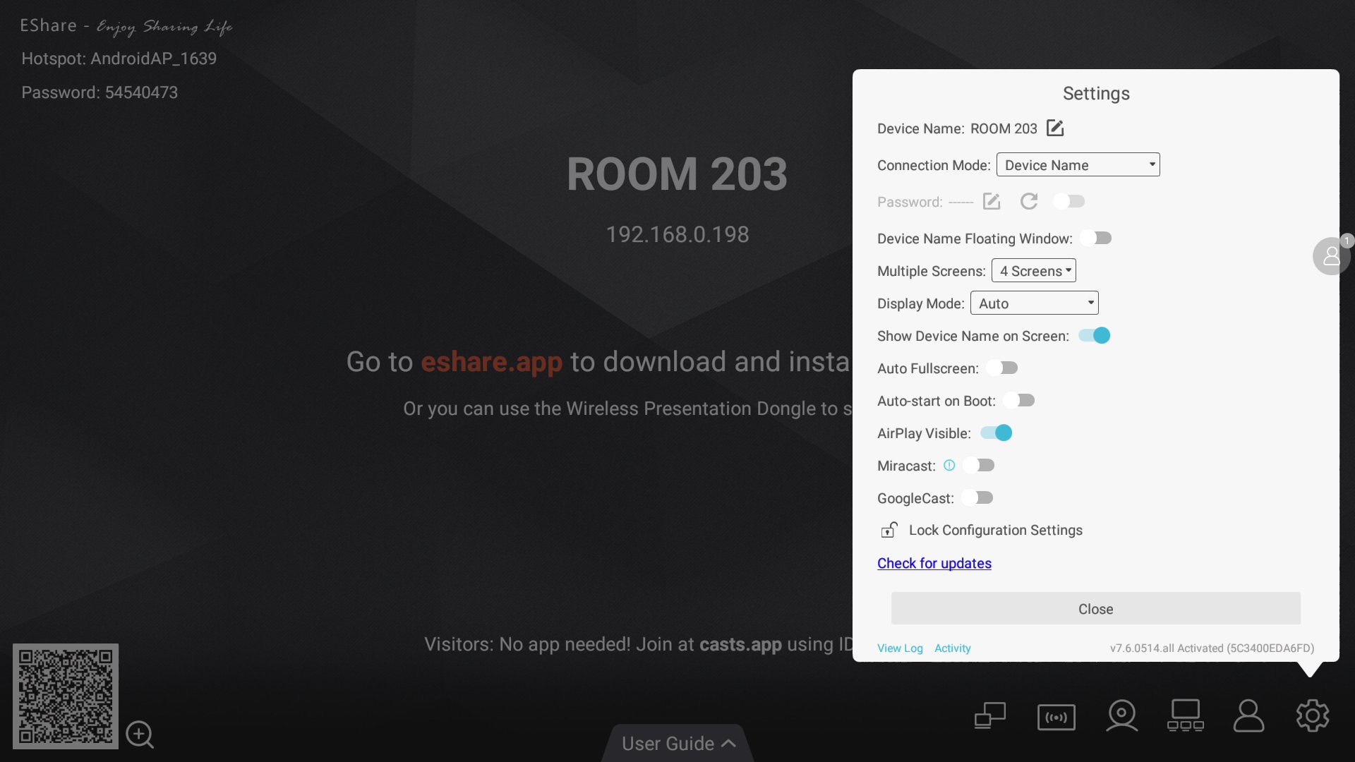 EShare settings panel